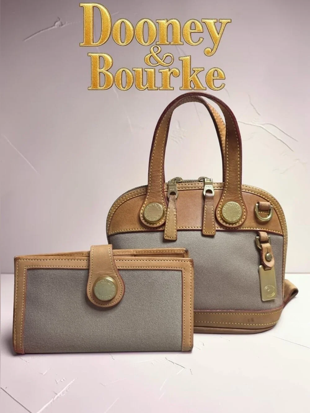 Dooney & Bourke VTG Khaki Canvas and Tan Leather Mini Satchel with Wallet Set